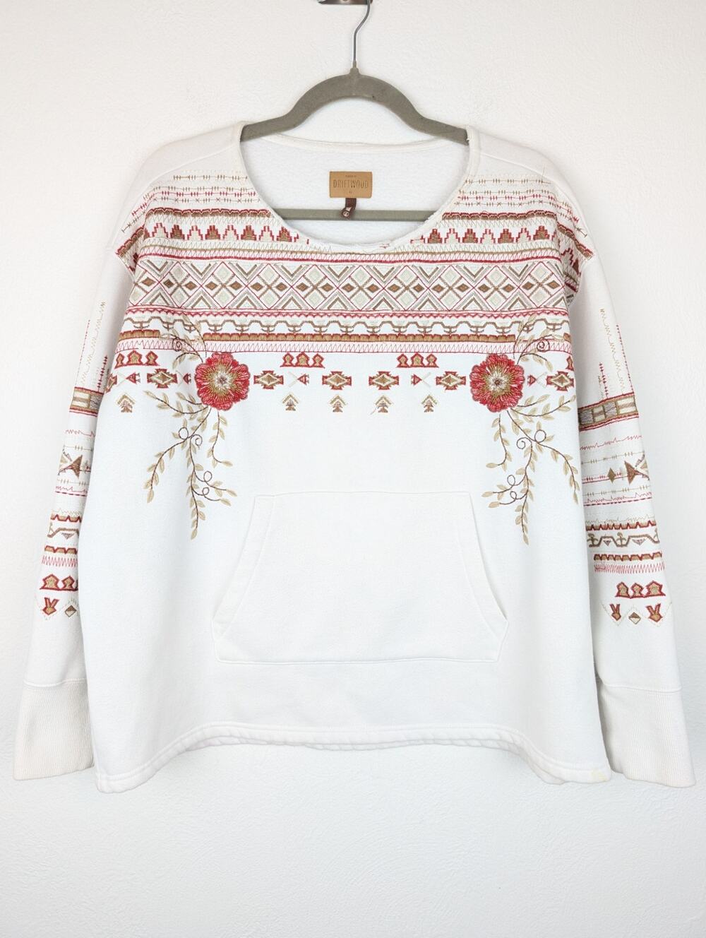 Driftwood Sundance Sweatshirt Teddy Floral Embroidery Boho Aztec White Size XL